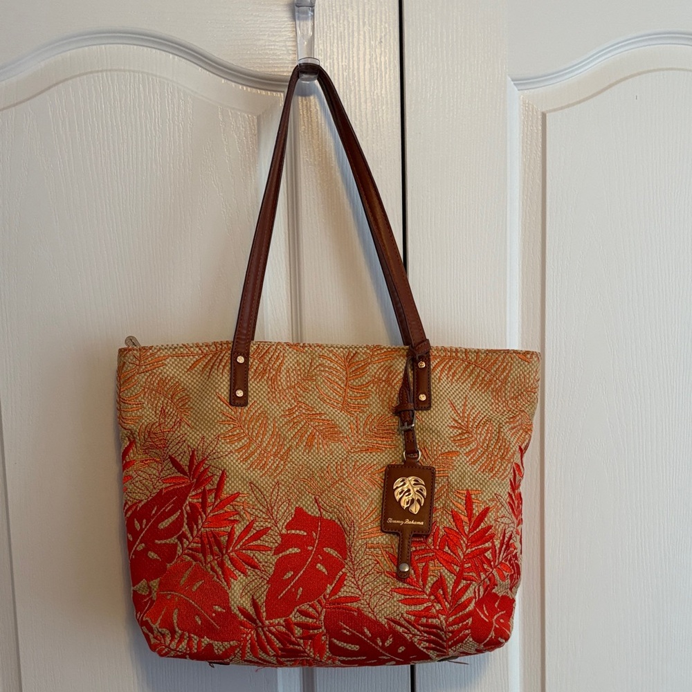 Tommy Bahama Red and Tan Leaf Tote